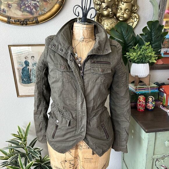 Latte Black Olive Green Zip Up Army Military Utility Moto Jacket Sz XS Trendy - Picture 1 of 14